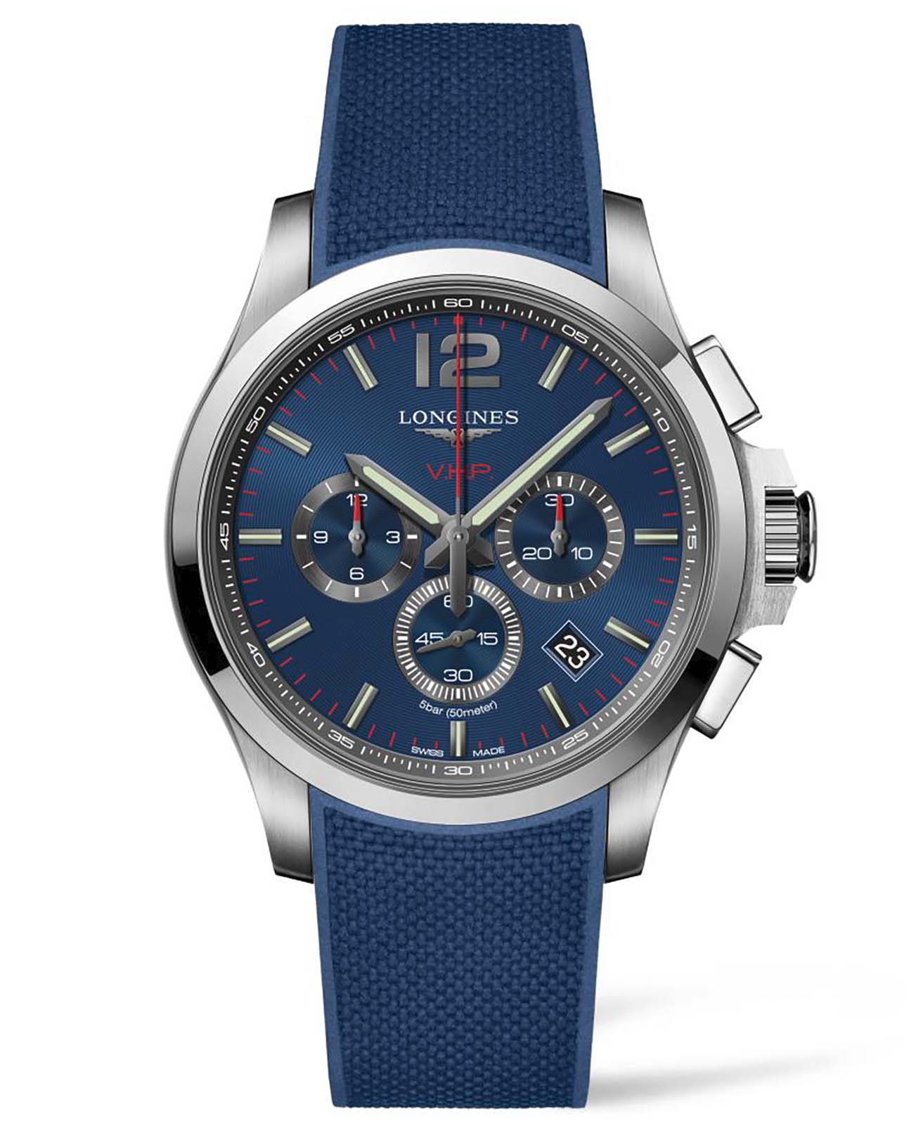 Longines Longines Conquest V.H.P. L3.727.4.96.9  L37274969 кварцевые мужские часы синий циферблат, браслет каучук — вид спереди
